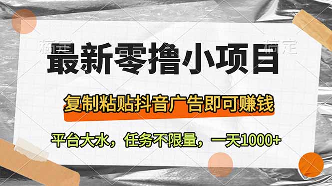 最新零撸小项目，复制粘贴抖音广告即可赚钱，平台大水，任务不限量，一…-天时网